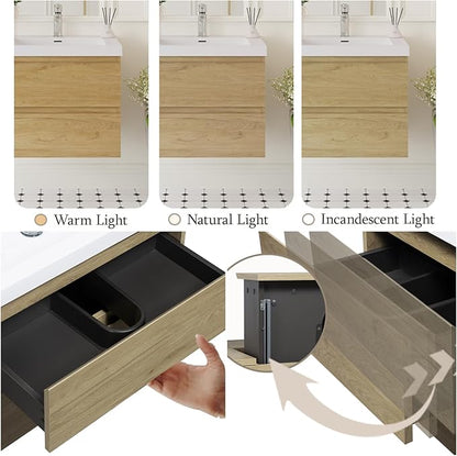 Floating Bathroom Vanity with Sink, 24" Wall-Mounted Bathroom Storage Cabinet with Resin Countertop & 2 Soft Close Drawers, Modern Stylish Vanity with Open Back Design, Easy to Clean, Oak