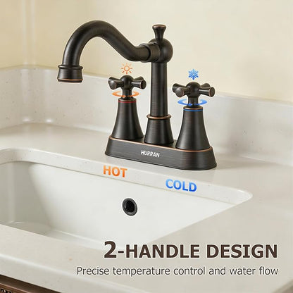 4-inch Centerset ORB Classical Bathroom Faucet, 2 Handles for 2 or 3 Hole Sink with 360° Swivel Spout, Pop Up Drain Assembly and Supply Hose for Vanity Sink Lavatory Faucet