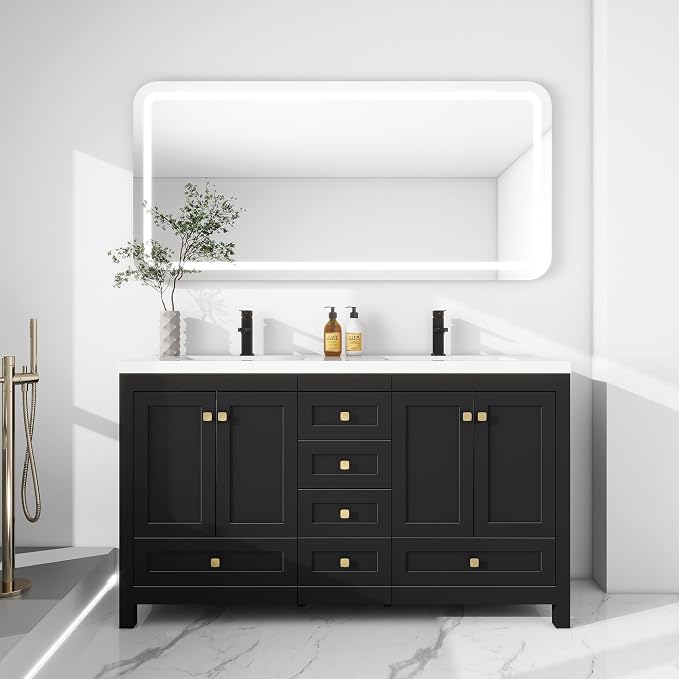 LUCKWIND 60" Bathroom Vanity and Sink Combos, Modern Bathroom Storage Painted Cabinet with Undercounter Resin Dual Sink Top, Matte Black Faucet and 6 Drawers, Mirror Not Included, Black