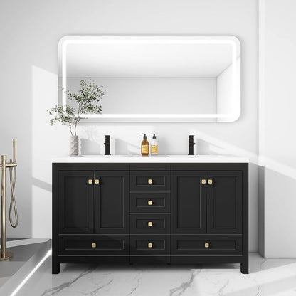 LUCKWIND 60" Bathroom Vanity and Sink Combos, Modern Bathroom Storage Painted Cabinet with Undercounter Resin Dual Sink Top, Matte Black Faucet and 6 Drawers, Mirror Not Included, Black