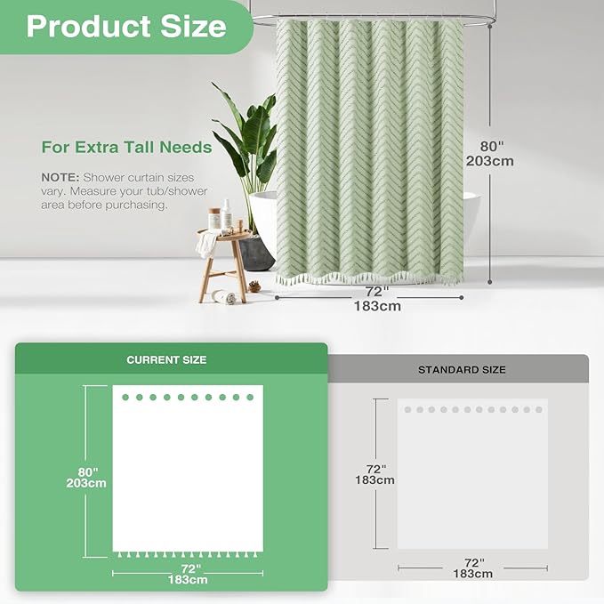 Dynamene Long Shower Curtain and Liner Set - 80 inch Tall Boho Shower Curtain and Waterproof Clear Liner, Tufted Chevron Striped Tassel Shower Curtains for Bathroom, 12 Hooks, 72x80, Sage Green