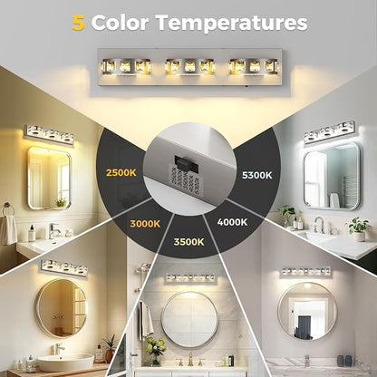 LED Modern Bathroom Vanity Lights 24W 21.6 inch Dimmable 5CCT Brushed Nickel Wall Lighting (3-Light) Crystal Bathroom Light Fixtures for Bathroom Mirror Restroom-ETL Certificated