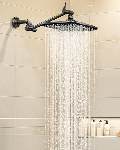 Veken 11.8" Black Rain Shower Head with 11" Stainless Steel Exension Arm | Rectangular Rainfall Showerheads, Height & Angle Decor Adjustable, High Pressure Shower Heads, Bathroom Accessories
