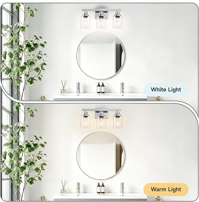 3 Light Bathroom Light Fixtures,17" Polished Chrome Vanity Lights | Modern Vanity Lights over Mirror with Clear Glassshades,Farmhouse Bathroom Wall Sconece over Sink,E26 Base