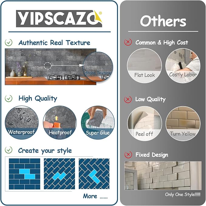 Yipscazo 2025 New Upgrade Peel and Stick backsplash 3 x 6 Inches 3D PVC Composite Wall Tile Stick on Backsplash Tile for Kitchen Bathroom, Laundry Room, Fireplace(Stone Black, 100 Pieces)