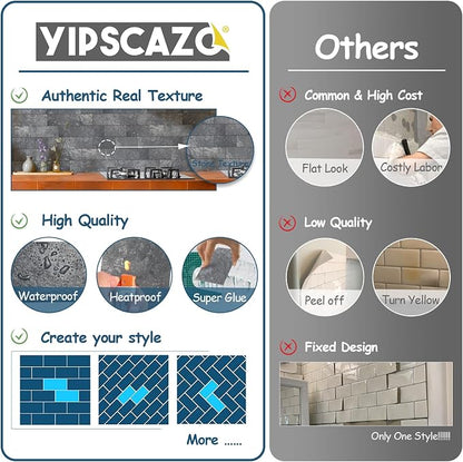 Yipscazo 2025 New Upgrade Peel and Stick backsplash 3 x 6 Inches 3D PVC Composite Wall Tile Stick on Backsplash Tile for Kitchen Bathroom, Laundry Room, Fireplace(Stone Black, 100 Pieces)