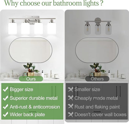 4-Light Bathroom Light Fixtures, Brushed Nickel Vanity Lights with Milk Glass Shades, Modern Bathroom Wall Lamp for Mirror Living Room Bedroom Porch