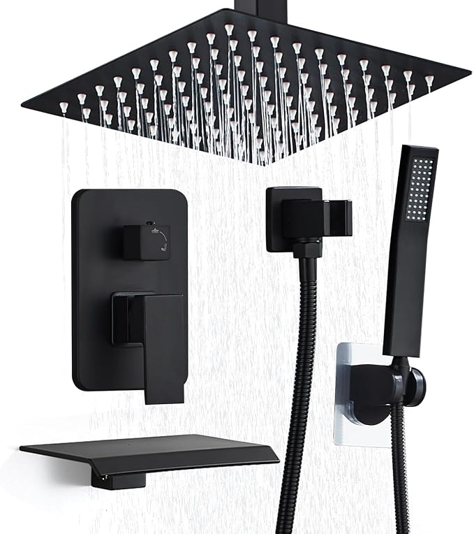 10 Inch Shower Faucet Set, Ceiling Mounted Rainfall Shower System with High Pressure Handheld Shower Head, Bathroom Mixer Shower Set Rough-in Valve and Trim Kit, Matte Black, with Tub Spout