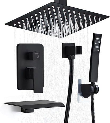 10 Inch Shower Faucet Set, Ceiling Mounted Rainfall Shower System with High Pressure Handheld Shower Head, Bathroom Mixer Shower Set Rough-in Valve and Trim Kit, Matte Black, with Tub Spout