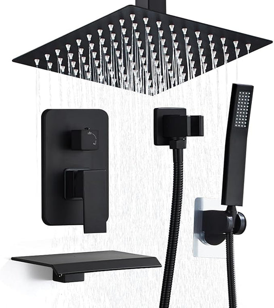 10 Inch Shower Faucet Set, Ceiling Mounted Rainfall Shower System with High Pressure Handheld Shower Head, Bathroom Mixer Shower Set Rough-in Valve and Trim Kit, Matte Black, with Tub Spout