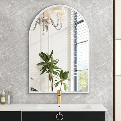 Arched Wall Mirror Bathroom Mirror Brushed Metal Vanity Wall Mounted Mirror for LivingRoom Bedroom Entryway Room Home Decor White 28"x20"