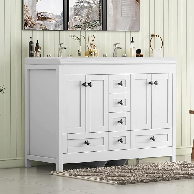 48" Bathroom Vanities with Sink Combo, Modern Double Bathroom Vanity with 4 Doors & 5 Drawers, Freestanding White Bathroom Cabinet with Double Ceramic Sink, White