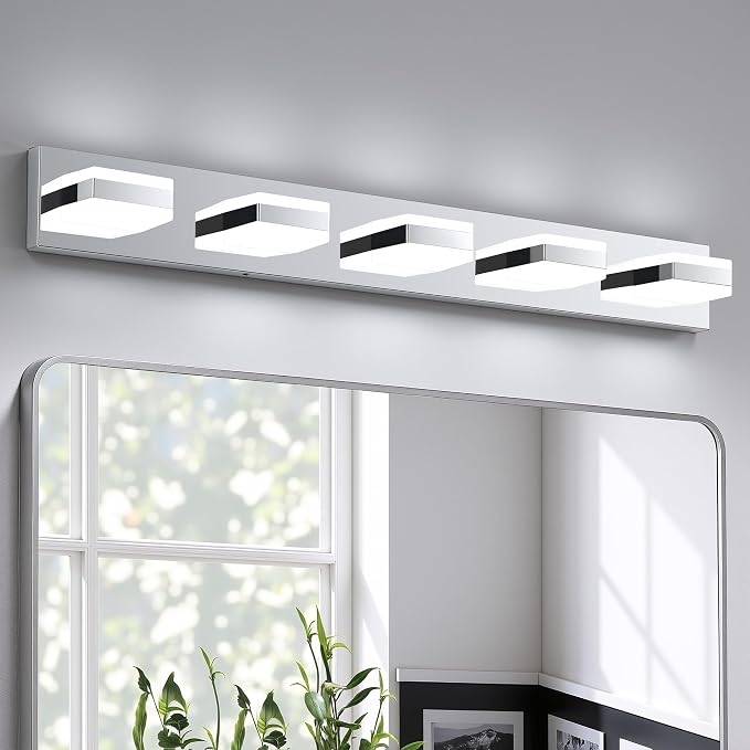 Bathroom Lighting Fixtures Over Mirror, 5 Light Silver Vanity Light | Cool White, 5000K, Modern Vanity Wall Lights for Bath, Dressing Room, Restroom, 37.4 inch