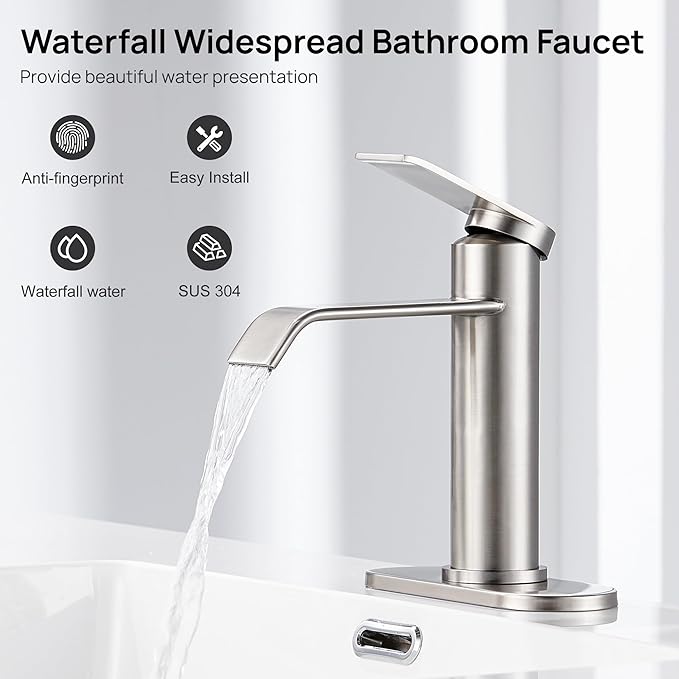 GAGALIFE Bathroom Faucet 1 Hole, Brushed Nickel Bathroom Sink Faucet with Metal Pop-up Drain Supply Lines and Deck, Modern Waterfall Bathroom Faucets Single Handle, JJL-MP-7001BN