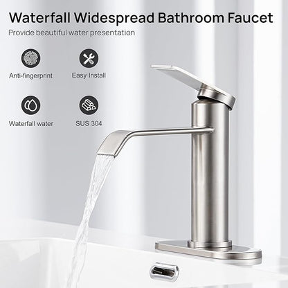 GAGALIFE Bathroom Faucet 1 Hole, Brushed Nickel Bathroom Sink Faucet with Metal Pop-up Drain Supply Lines and Deck, Modern Waterfall Bathroom Faucets Single Handle, JJL-MP-7001BN