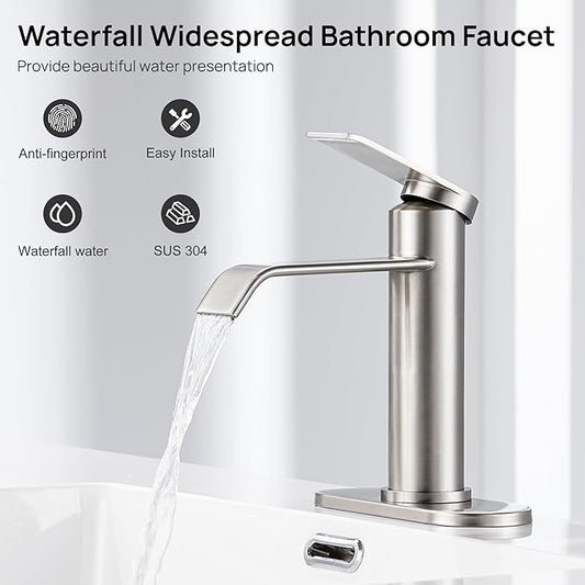 GAGALIFE Bathroom Faucet 1 Hole, Brushed Nickel Bathroom Sink Faucet with Metal Pop-up Drain Supply Lines and Deck, Modern Waterfall Bathroom Faucets Single Handle, JJL-MP-7001BN