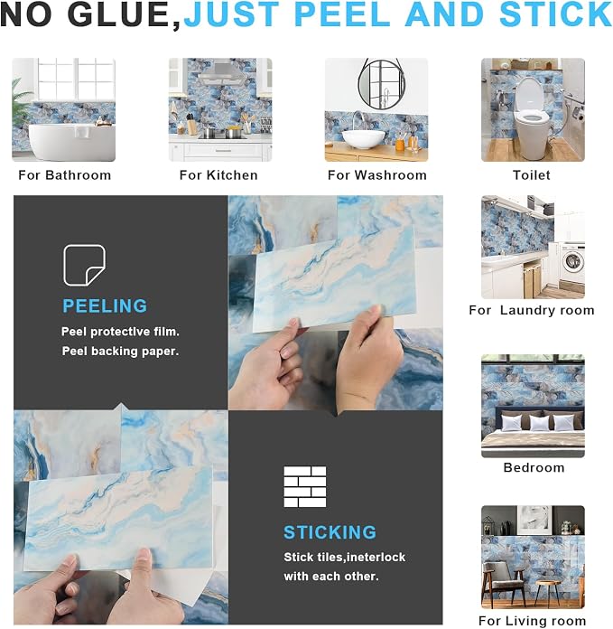 URCOLOR 64-Piece Peel and Stick Backsplash Wall Tile, 4"x 8" PVC Glossy Blue Marble Stick on Subway Tiles for Kitchen, Bathroom, Laundry Room, Camper, Fireplace