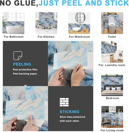URCOLOR 64-Piece Peel and Stick Backsplash Wall Tile, 4"x 8" PVC Glossy Blue Marble Stick on Subway Tiles for Kitchen, Bathroom, Laundry Room, Camper, Fireplace