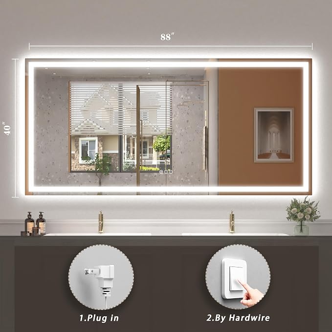 84x40 LED Lighted Bathroom Mirror for Vanity Wall | Front Light and Backlit, Anti-Fog, Memory, 3 Color, Tempered Glass, Dimmable, Rectangular, UL, Horizontal/ Vertical Mounted