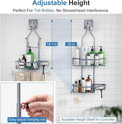 Upgraded Extended Length Shower Caddy Over Showerhead No Blocking to Showerhead, Rustproof Bathroom Organizers and Storage with Hooks Shampoo Soap Holder, Large Hanging Caddy, Grey