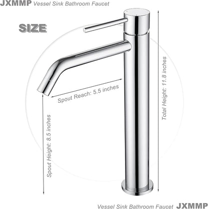 Chrome Tall Bathroom Faucet with Sink Drain and Supply Lines, JXMMP Single Handle Vessel Sink Faucet Chrome Single Hole, Stainless Steel Vessel Faucet JXM1001CP
