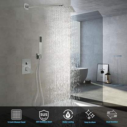 Bathroom Shower Faucet Set，12 Inch Rain Shower Head with Handheld Spray，Brass Shower Valve Trim Kit，Wall Mounted Square Rain Shower System (Brushed Nickel)