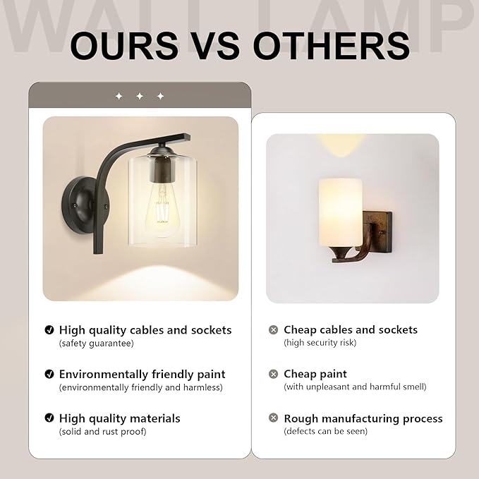CANMEIJIA Wall Sconce 2 Light, Modern Wall Lighting Fixture, Bathroom Vanity Lights with Matte Black Wall Lamp for Bedroom Kitchen Hallway Porch, Clear Glass Shade, E26 Socket, Bulbs Not Included
