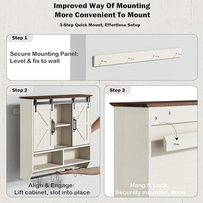 RUSTOWN Farmhouse Bathroom Wall Cabinet,3-Tier Rustic Wood Wall Mounted Cabinets,Vintage Medicine Cabinet with Sliding Barn Door and Adjustable Shelves,Over The Toilet Storage Cabinet (Vintage White)