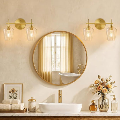 MOKATNG 2-Light Bathroom Light Fixtures, Gold Vanity Lights for Bathroom with Clear Glass, Bathroom Lighting Fixtures Over Mirror, Modern Wall lamp for Cabinet Hallway