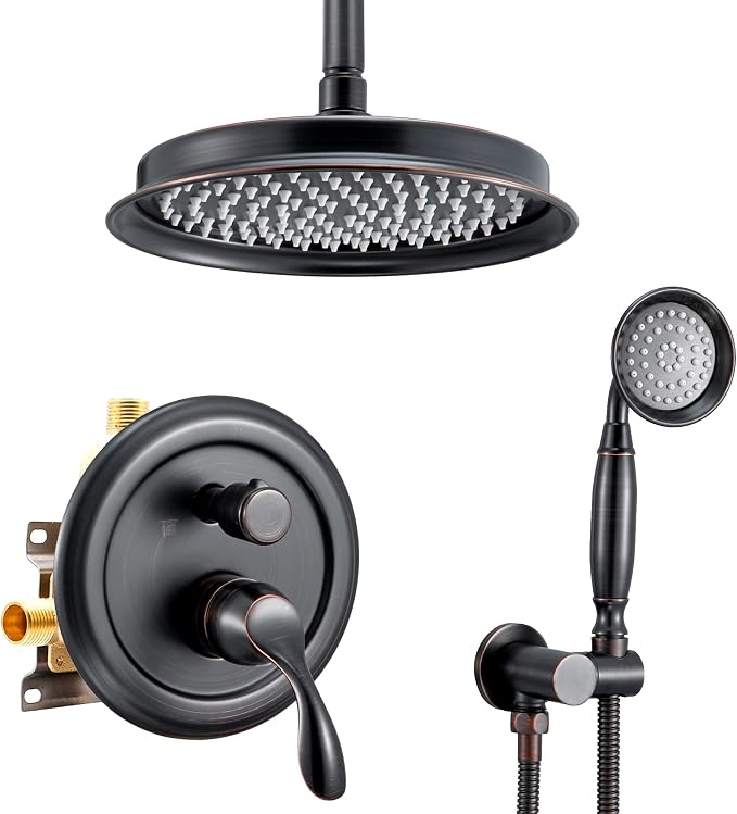 DASAN Rain Shower System Complete Antique Shower Faucet Sets, Shower Fixtures Combo with Pressure Balance Valve, Trim Kit, 9’’ Rainfall Overhead Shower & Handheld, Color Oil Rubbed Bronze AT209C-ORB