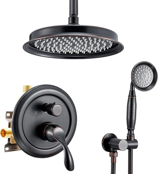 DASAN Rain Shower System Complete Antique Shower Faucet Sets, Shower Fixtures Combo with Pressure Balance Valve, Trim Kit, 9’’ Rainfall Overhead Shower & Handheld, Color Oil Rubbed Bronze AT209C-ORB