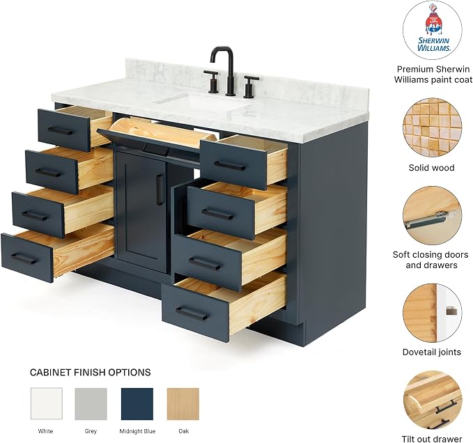 DKB Isabella 54" Midnight Blue Bathroom Vanity with Sink, 1.5" Edge Italian Carrara Marble Countertop, Rectangular Sink, 2 Soft-Closing Doors, 9 Dovetail Drawers