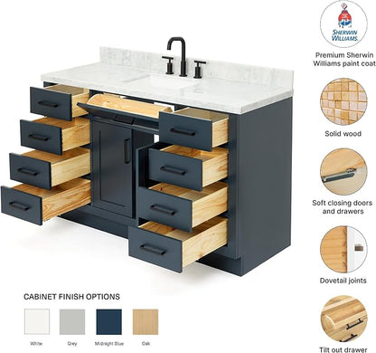 DKB Isabella 54" Midnight Blue Bathroom Vanity with Sink, 1.5" Edge Italian Carrara Marble Countertop, Rectangular Sink, 2 Soft-Closing Doors, 9 Dovetail Drawers