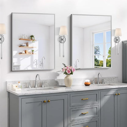 Silver Bathroom Mirror for Wall, 24x32 Inch Rectangle with Metal Frame, Modern Vanity for Bathroom Living Room, Entryway Hangs Horizontal or Vertical