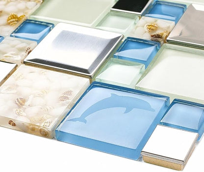 Blue Sea Glass Tile Backsplash Beach Style Mosaic Tiles Real Seashell Inside (Pack of 5 Sheets)
