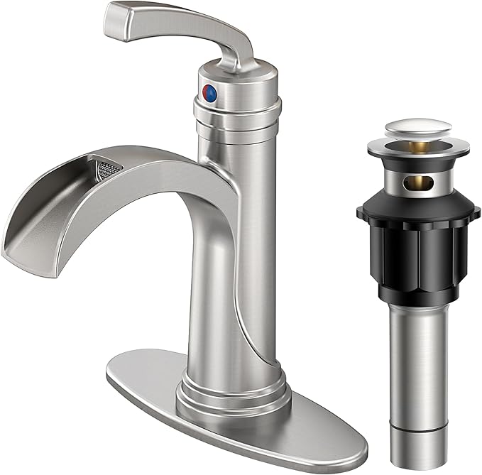FORIOUS Brushed Nickle Bathroom Faucet Single Handle One Hole Antique Waterfall Bathroom Faucet with Metal Pop Up Drain and Deck Plate for Lavatory Vanity Farmhouse RV