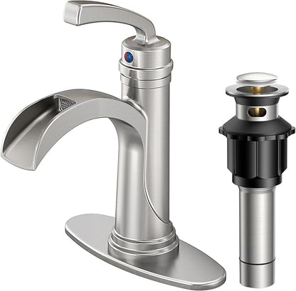FORIOUS Brushed Nickle Bathroom Faucet Single Handle One Hole Antique Waterfall Bathroom Faucet with Metal Pop Up Drain and Deck Plate for Lavatory Vanity Farmhouse RV