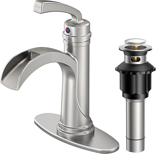 FORIOUS Brushed Nickle Bathroom Faucet Single Handle One Hole Antique Waterfall Bathroom Faucet with Metal Pop Up Drain and Deck Plate for Lavatory Vanity Farmhouse RV