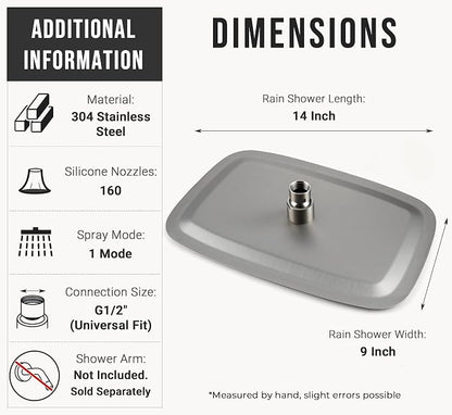 G-Promise All Metal 14 Inch Large Rain Shower Head for Ceiling or Wall | Built to Last, Rust Resistant 304 Stainless Steel, Easy to Install, Full Body Coverage Rainfall Shower Head, Daily SPA