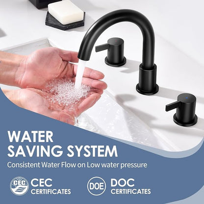 Two Handle Widespread Black Bathroom Faucet 3 Holes, Bathroom Sink Faucet with Metal Pop up Drain Assembly and cUPC Water Supply Lines, Black