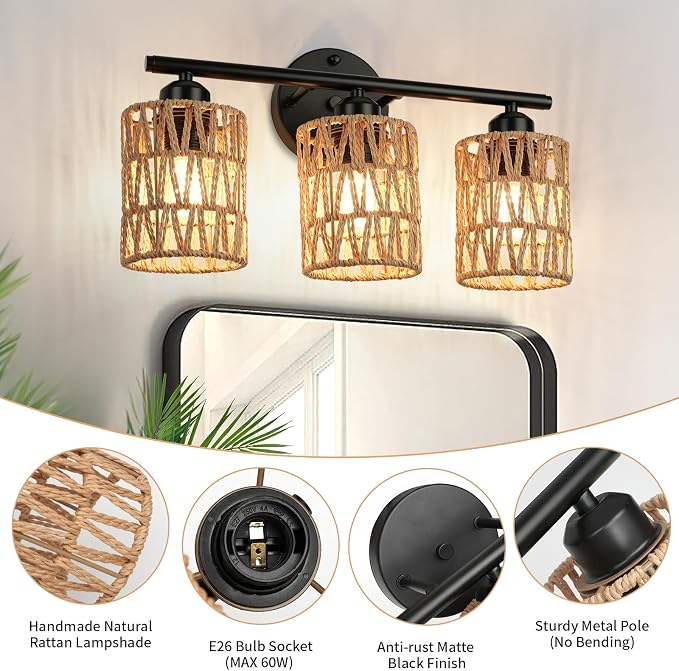 Frideko 3-Light Bathroom Vanity Light Fixtures, Modern Rattan Bathroom Lighting Fixtures Over Mirror, Boho Wall Sconces with Woven Lampshade, Black Wall Lamp for Farmhouse Living Room Bedroom