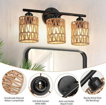 Frideko 3-Light Bathroom Vanity Light Fixtures, Modern Rattan Bathroom Lighting Fixtures Over Mirror, Boho Wall Sconces with Woven Lampshade, Black Wall Lamp for Farmhouse Living Room Bedroom