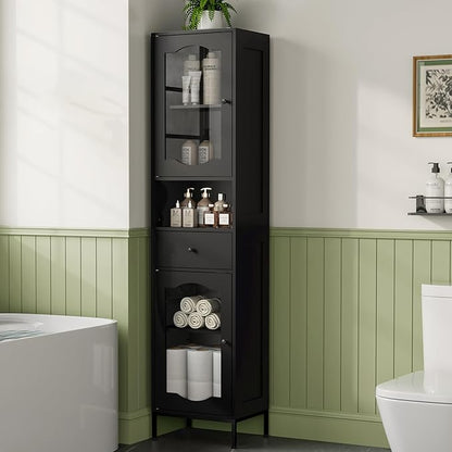 66.4" Tall Bathroom Storage Cabinet with Adjustable Shelves and Glass Doors, Anti-Tipping Narrow Cabinet, Linen Cabinet for Bathroom, Kitchen, Living Room, Black