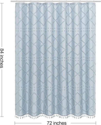 Blue Boho Woven Fabric Shower Curtain with Tassel 72 x 84, Tufted Textured | Modern Farmhouse Curtain for Bathroom, Extra Long Bathroom Curtain, Minimalist Decor, Waterproof