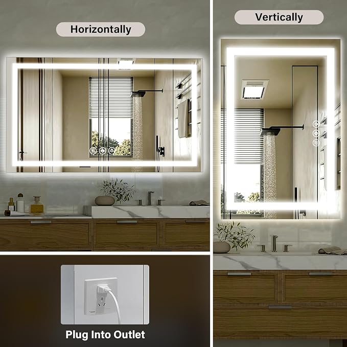 XRAMFY 40"X60"LED Bathroom Mirror, Backlit + Front Lit Wall Mirror | LED Bathroom Mirror with Lights for Wall, 3 Colors, Anti-Fog, Dimmable Brightness, Tempered Glass