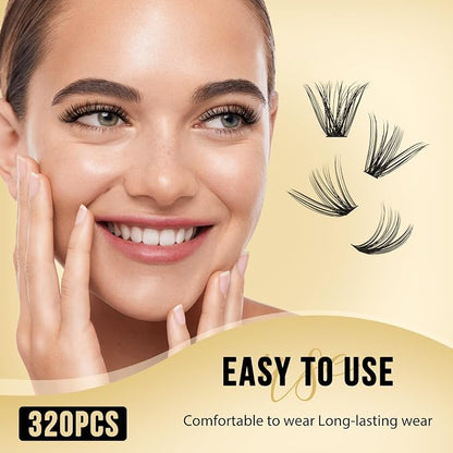 QUEWEL Lash Clusters 320Pcs 35D+45D D Curl Lash Cluster Eyelash Extensions | Cluster Lashes Mix9-16mm Individual Eyelashes Clusters Wispy Lash Clusters Thin Band Soft to Use at Home(35D+45D D Mix9-16)