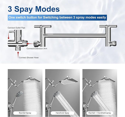 Shower Head, 8'' Rain Shower Head with Handheld Spray, High Pressure Rainfall Showerhead Combo with Adjustable Shower Extension Arm 5 Modes Handheld Shower Heads Detachable Dual Shower, Chrome