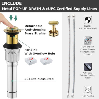PARLOS 2-Handle Widespread Bathroom Faucet with Metal Pop Up Drain and cUPC Faucet Supply Lines, Brushed Gold, Doris 1417208
