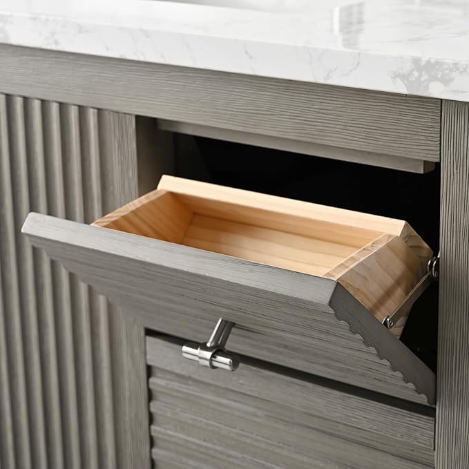 Vanity Art 36 inch Bathroom Vanity with Single Sink & Ceramic Top, Vanity Cabinet with Soft-Closing Door, Solid Wood Frame, Linear Pattern, Driftwood Gray, VA9136-DG-MB,Matte Black Handles