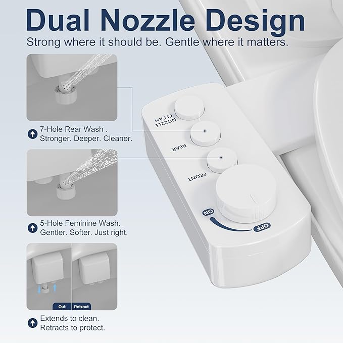 Fresh Water Bidet with Self-cleaning Dual Nozzles for Rear And Feminine Washing, Non-Electric Bidet Toilet Attachment, with Waterproof Cover to Prevent Leaking, Adjustable Water Pressure
